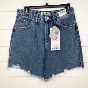 Rewash High Rise Pleated Bermuda Denim Cut-Off Shorts Size 28 Blue Medium Wash